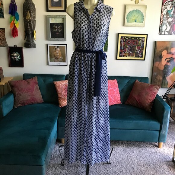 EVA MENDES New York & Company size L Blue Print Romper w/ Attached Maxi Dress - Picture 1 of 5